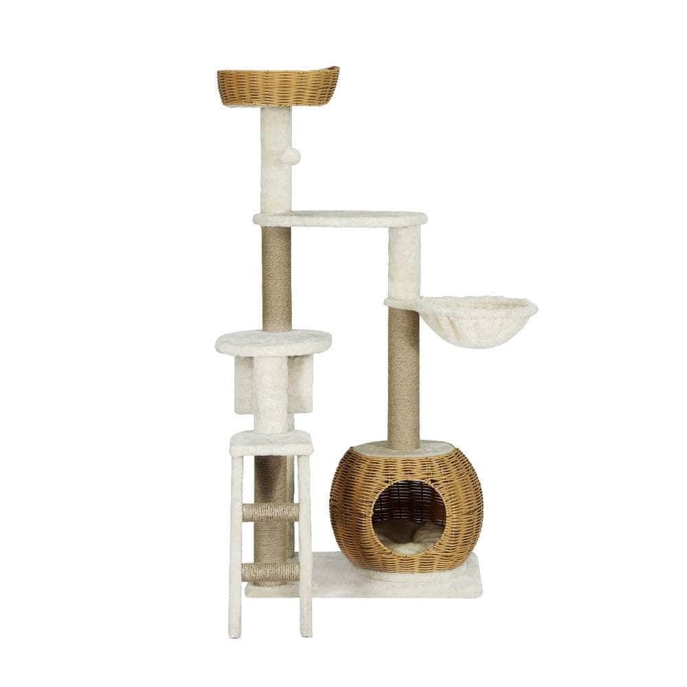 Cat Tree 138Cm Tower Scratching Post Scratcher Wood Bed Condo House Rattan Ladder