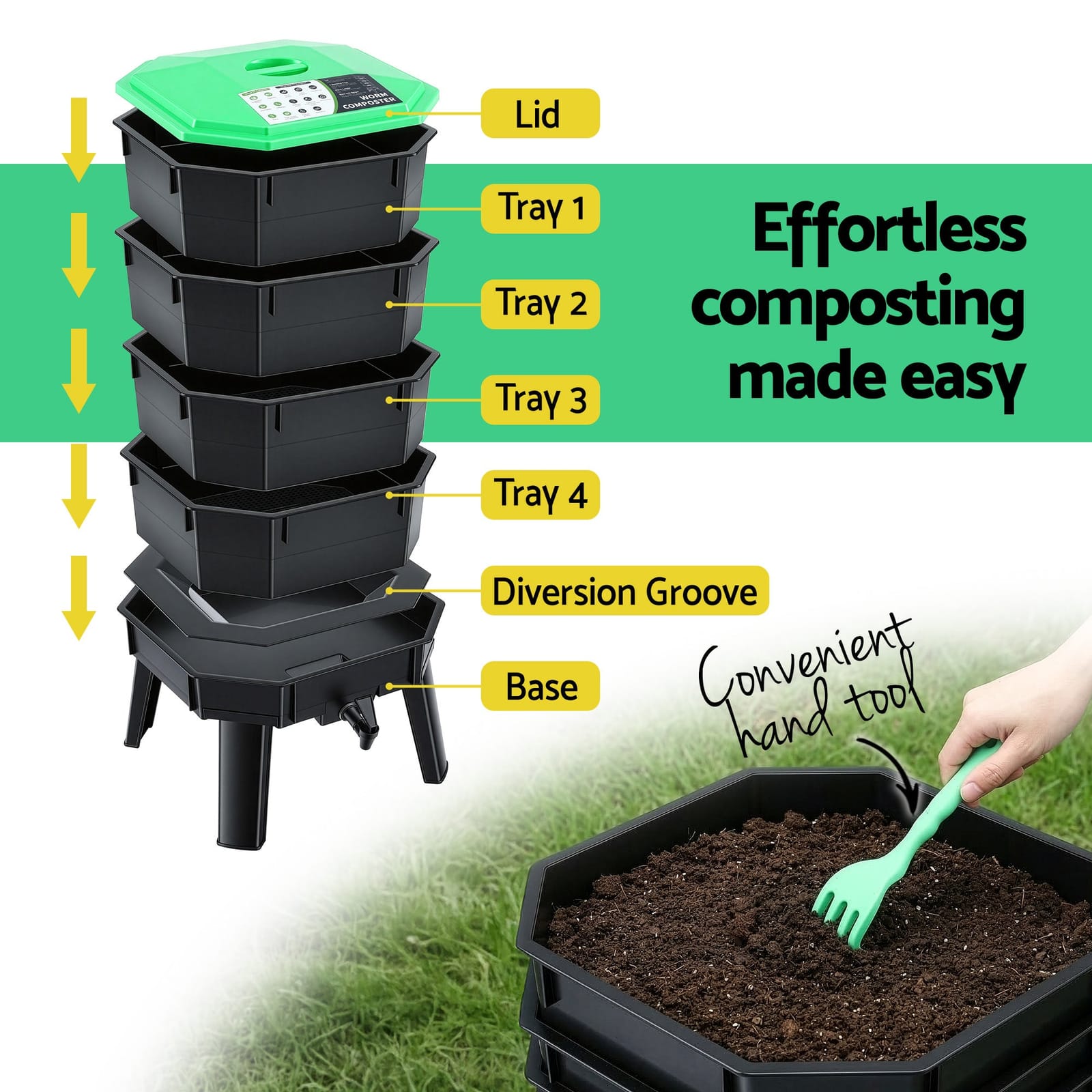 4-Tray Stackable Worm Compost Bin with Liquid Fertiliser Tap for Garden - photo 2