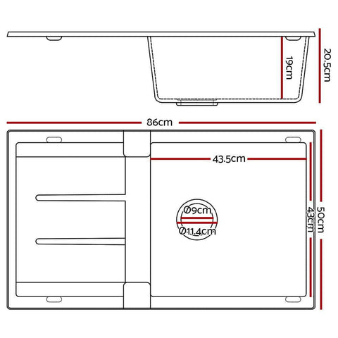 Stone Kitchen Sink 860X500Mm Granite Under/Topmount Basin Bowl Laundry Black