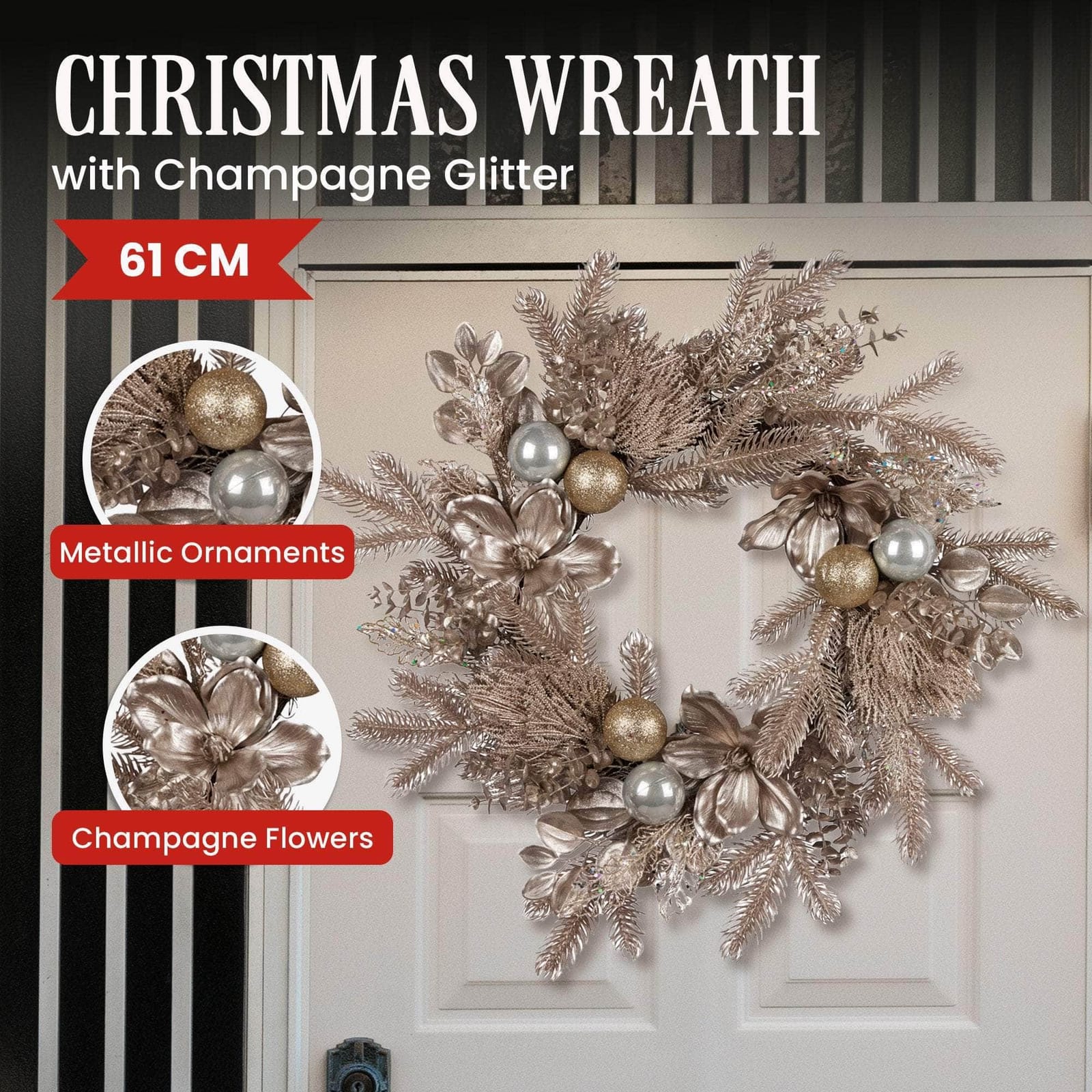 Champagne Glitter Christmas Wreath - 61cm with 61Cm