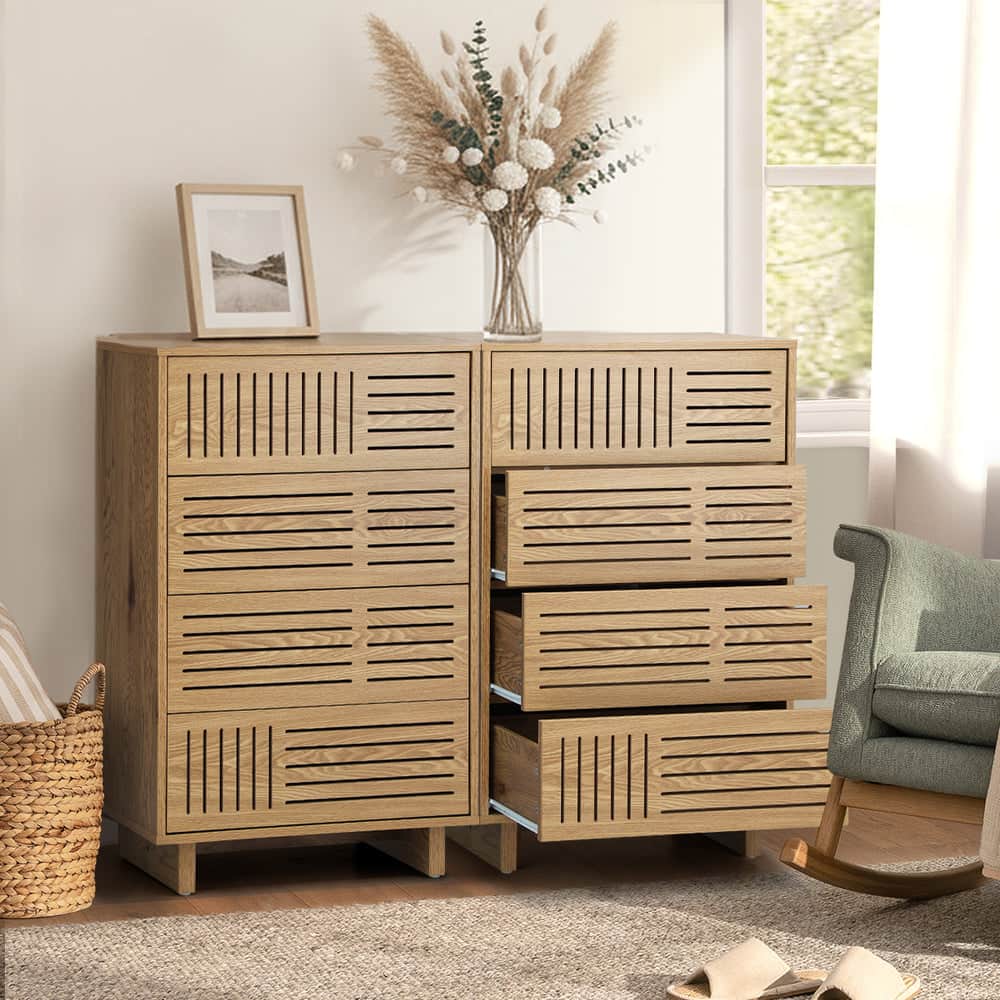 Chest Of Drawers 4 Drawer Storage Cabinet Tallboy Natural Wood 2 Pack