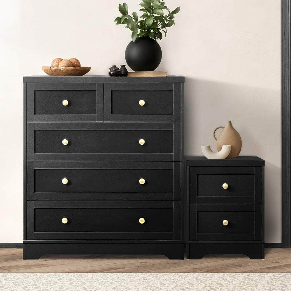 Chest of Drawers and Bedside Table Hamptons Furniture Set Black