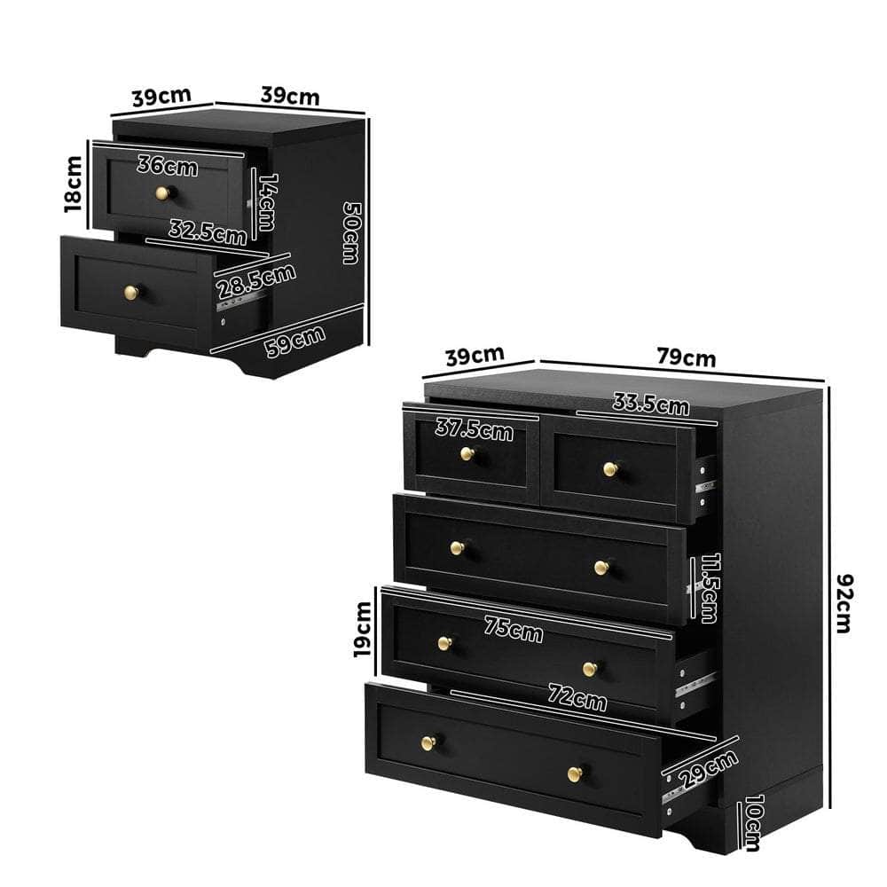 Chest of Drawers and Bedside Table Hamptons Furniture Set Black