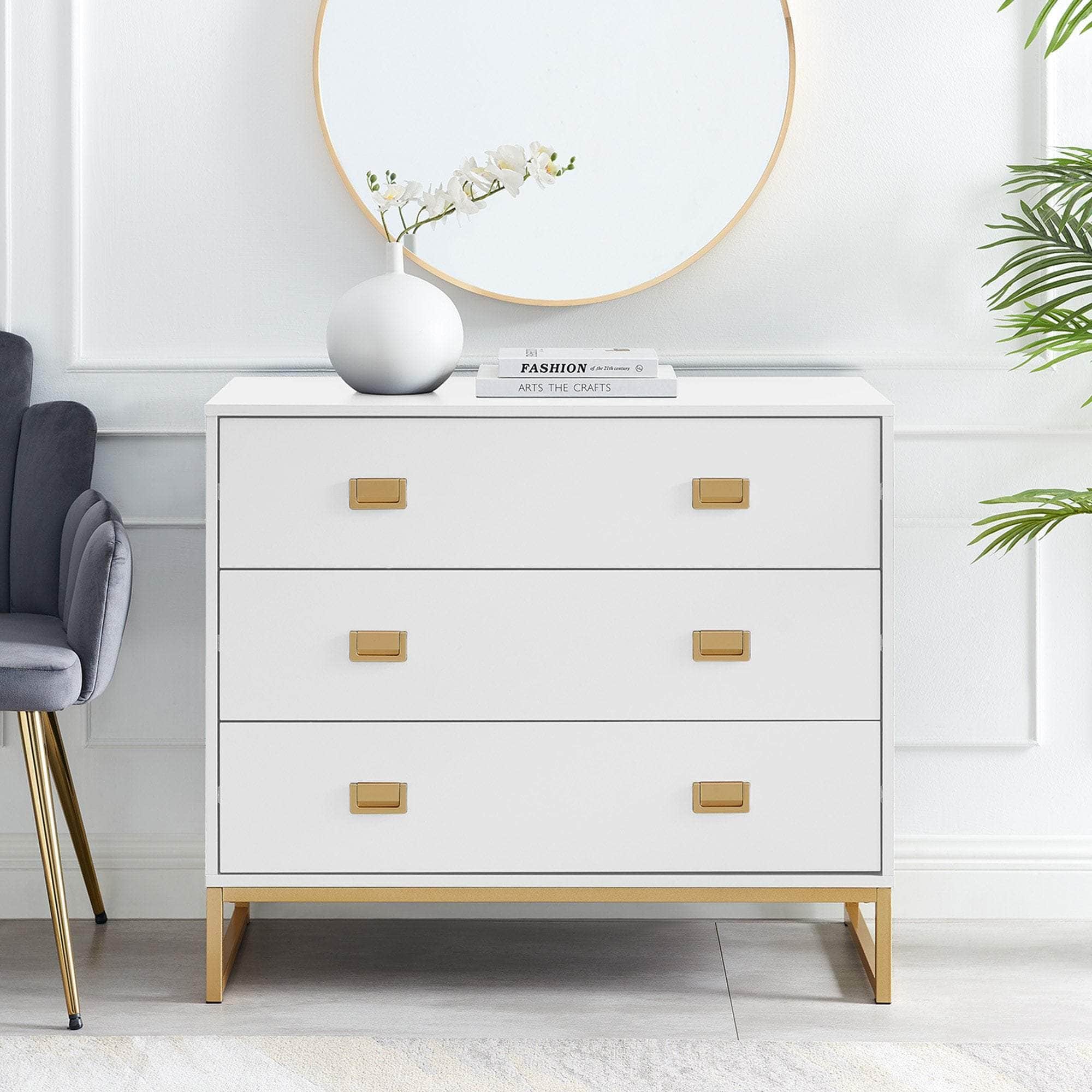 Chest of Drawers Tallboy Dresser White & Gold