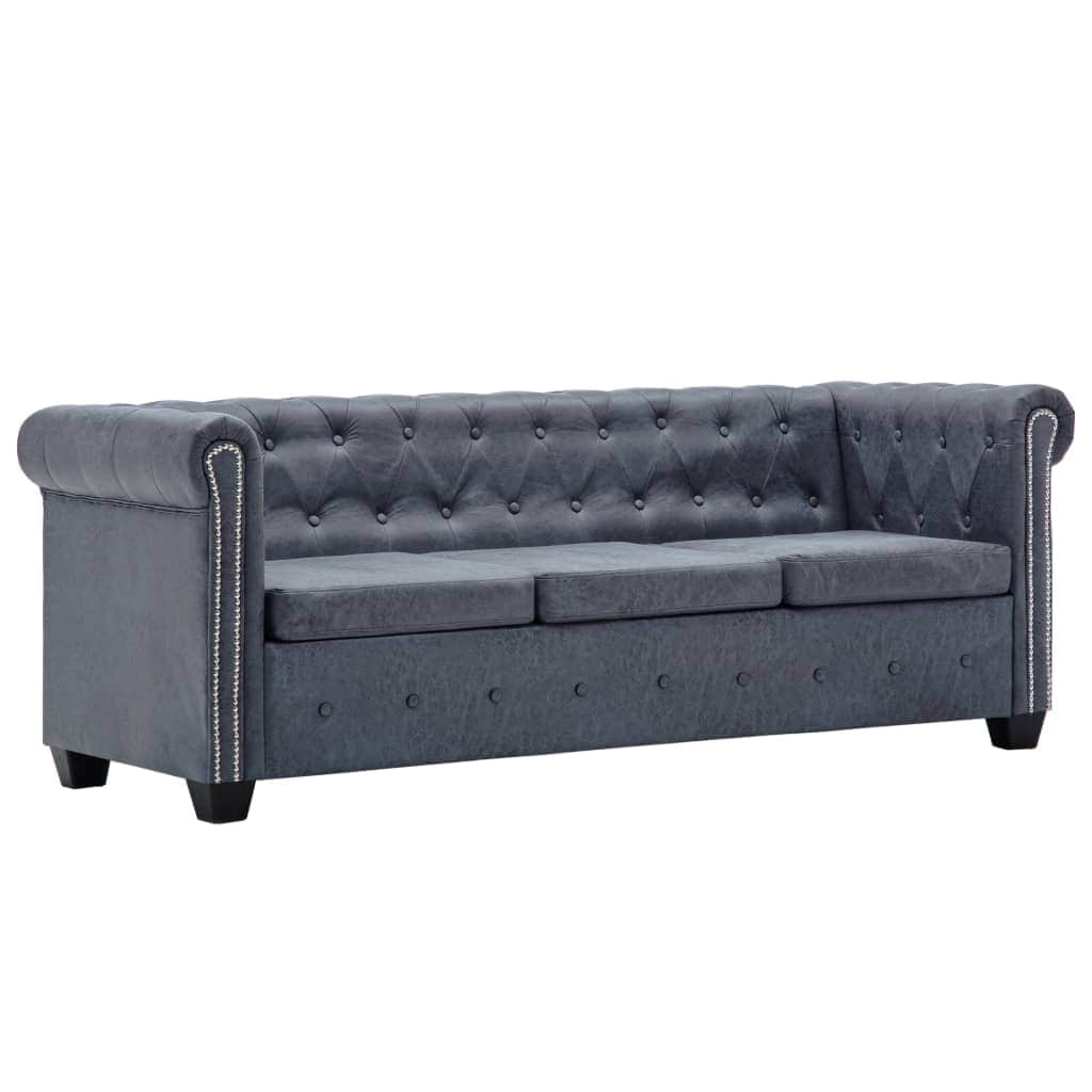 Chesterfield Sofa Set Artificial Suede Leather Grey