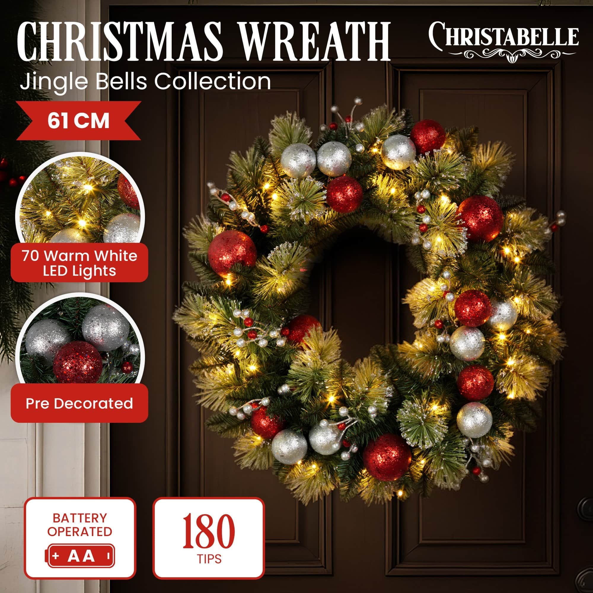 Christabelle 61cm Christmas Wreath with LED Lights Baubles Berries Red Silver Front Door