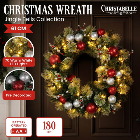 Christabelle 61cm Christmas Wreath with LED Lights Baubles Berries Red Silver Front Door