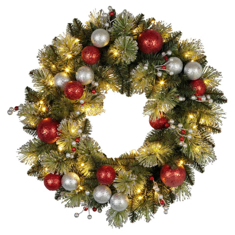 Christabelle 61cm Christmas Wreath with LED Lights Baubles Berries Red Silver Front Door