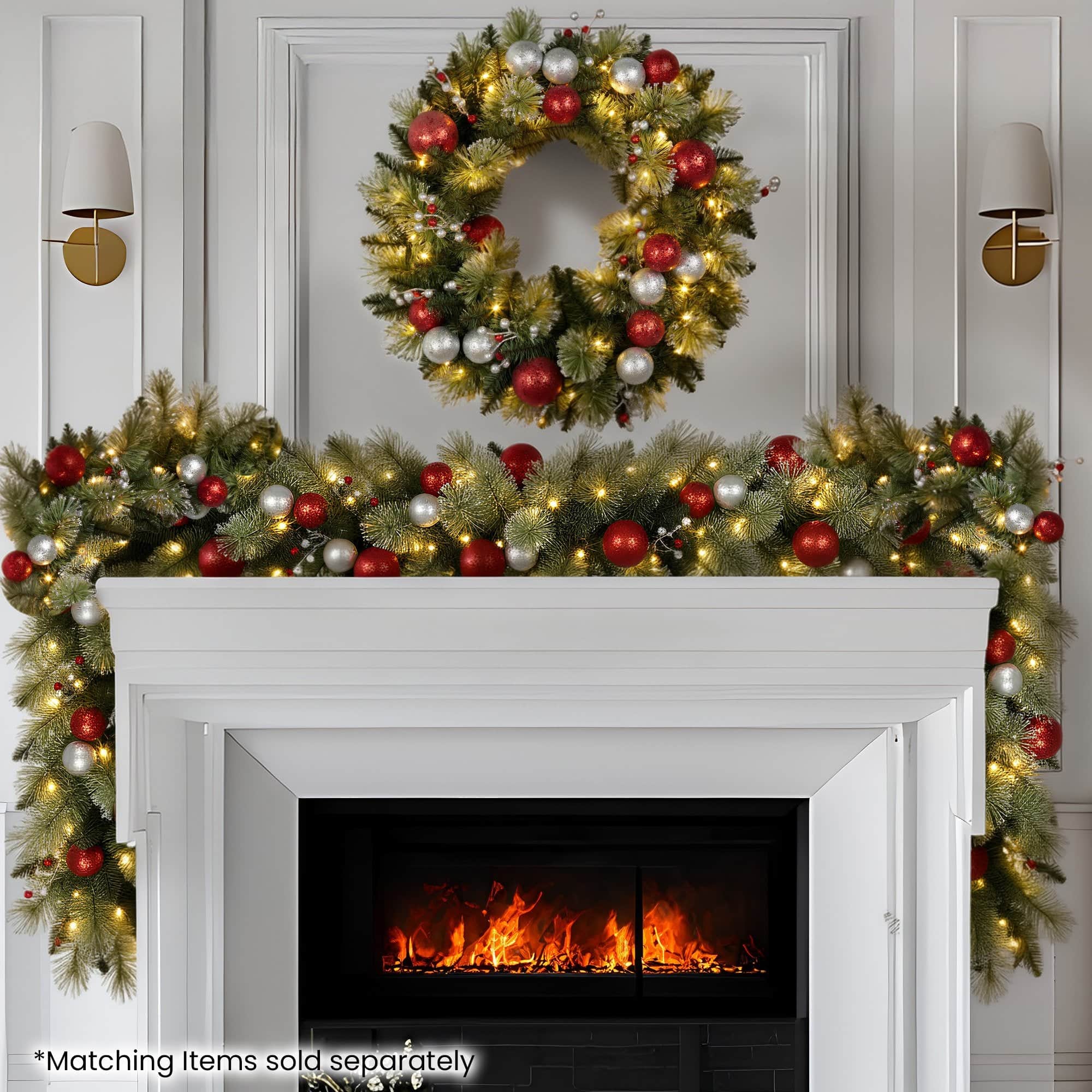 Christabelle 61cm Christmas Wreath with LED Lights Baubles Berries Red Silver Front Door