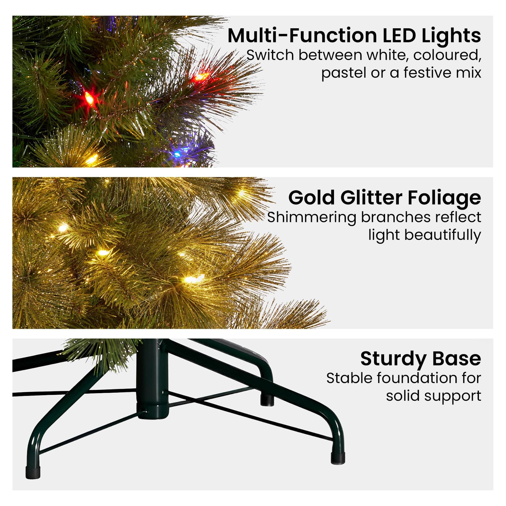 Christabelle 7.5ft Christmas Tree Slim Glittery Gold Pine LED Lights Xmas Decor