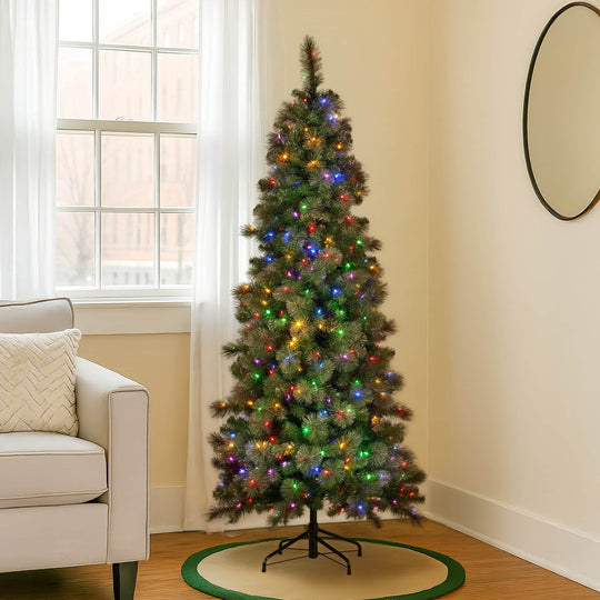 Christabelle 7.5ft Christmas Tree Slim Glittery Gold Pine LED Lights Xmas Decor, Pine finish