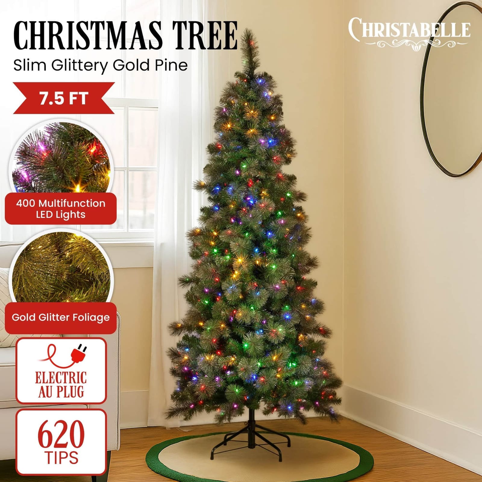 Christabelle 7.5ft Christmas Tree Slim Glittery Gold Pine LED Lights Xmas Decor with Gold colour