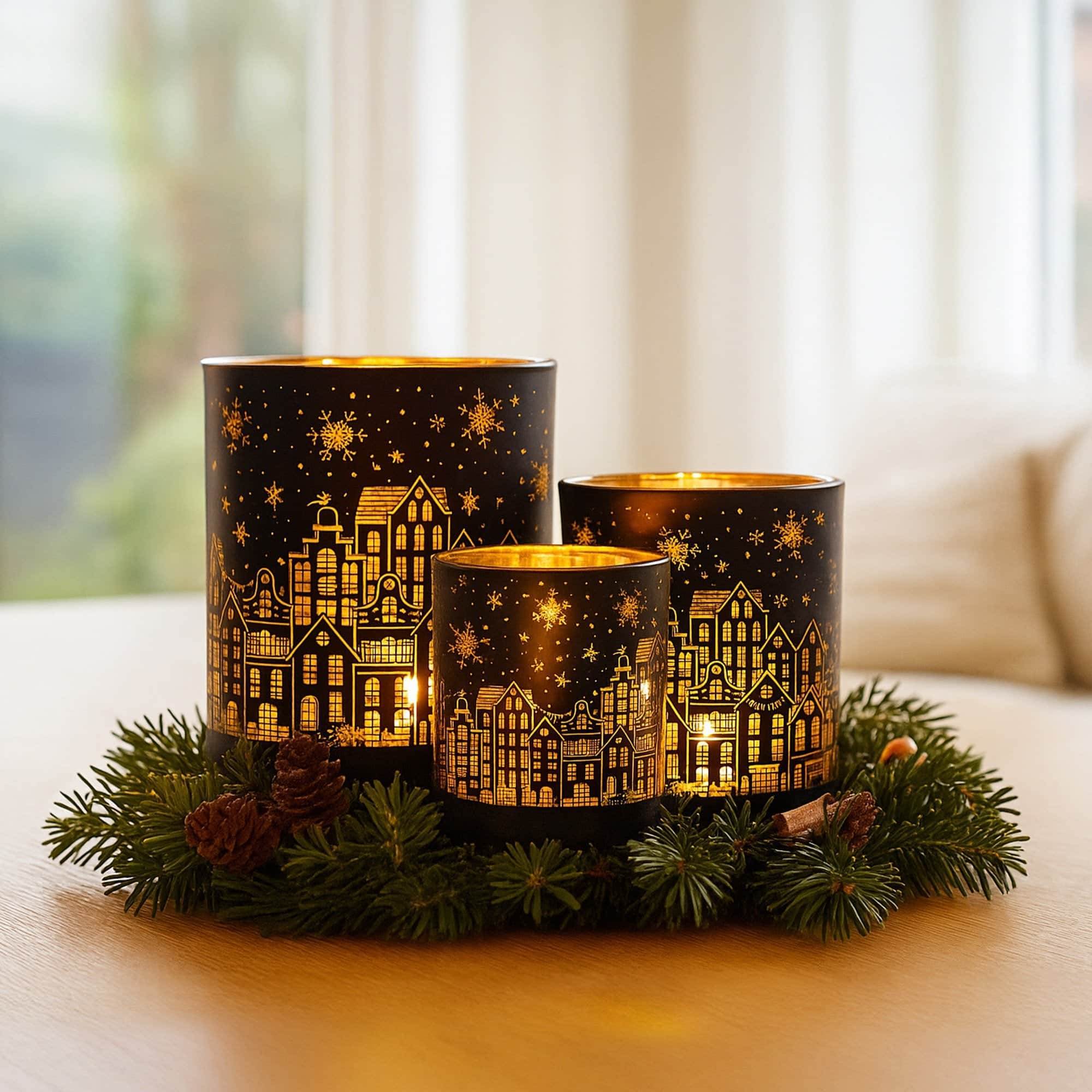 Christmas Candle Jar Set of 3 Black and Gold Holiday Candle Holders