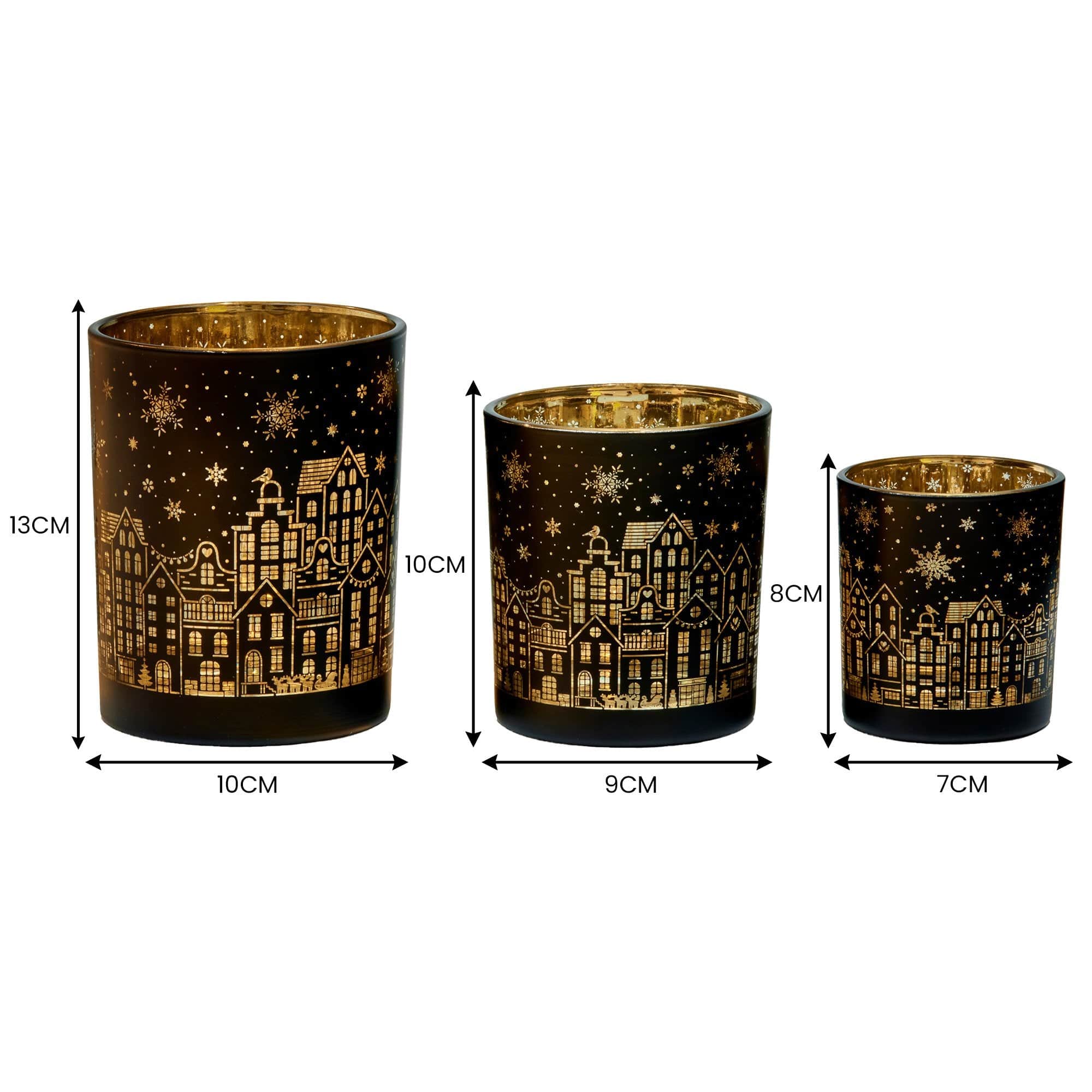 Christmas Candle Jar Set of 3 Black and Gold Holiday Candle Holders | Black colour