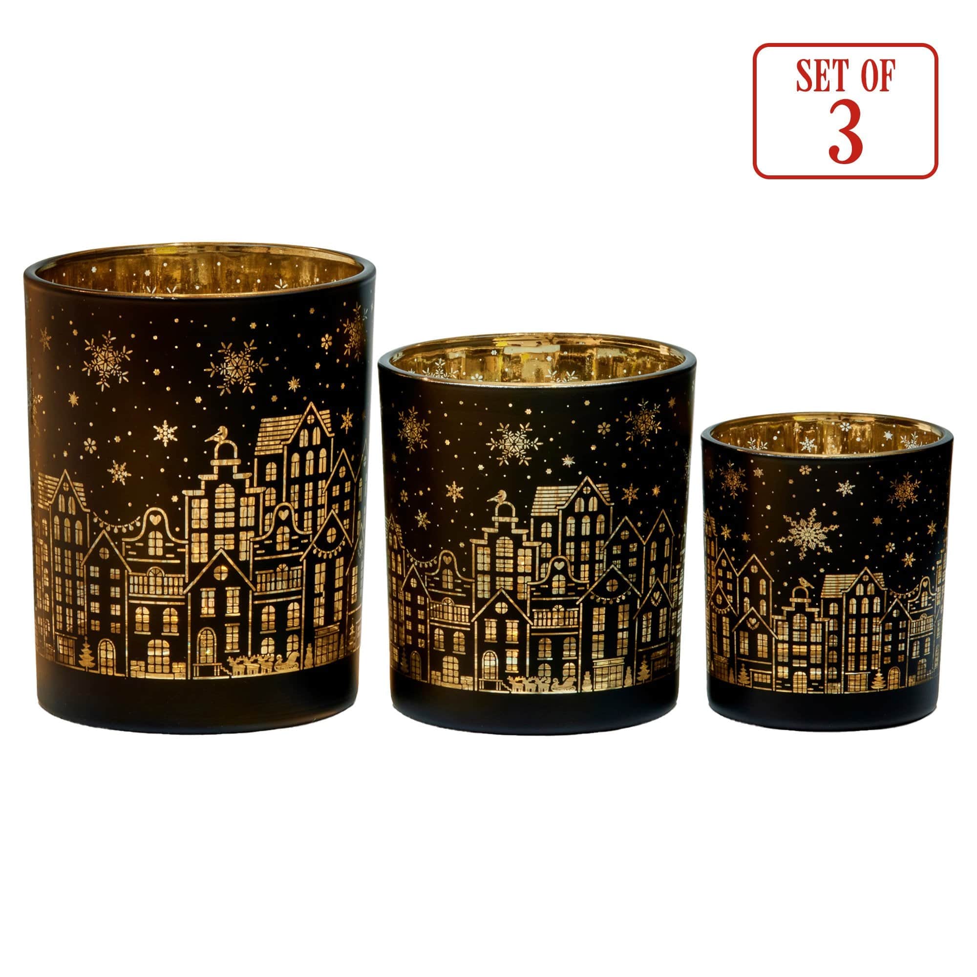 Christmas Candle Jar Set of 3 Black and Gold Holiday Candle Holders, Black colour