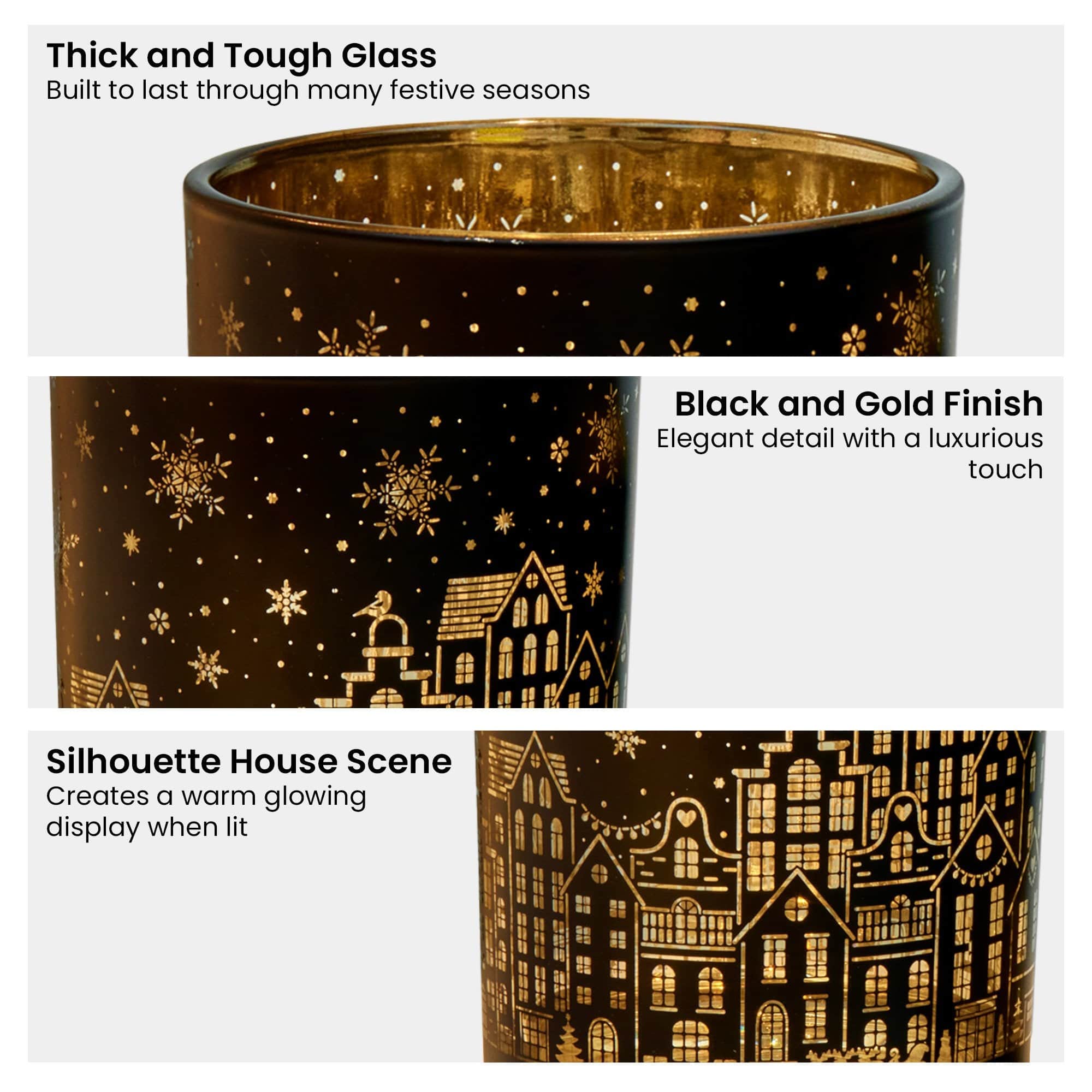 Christmas Candle Jar Set of 3 Black and Gold Holiday Candle Holders with Black colour