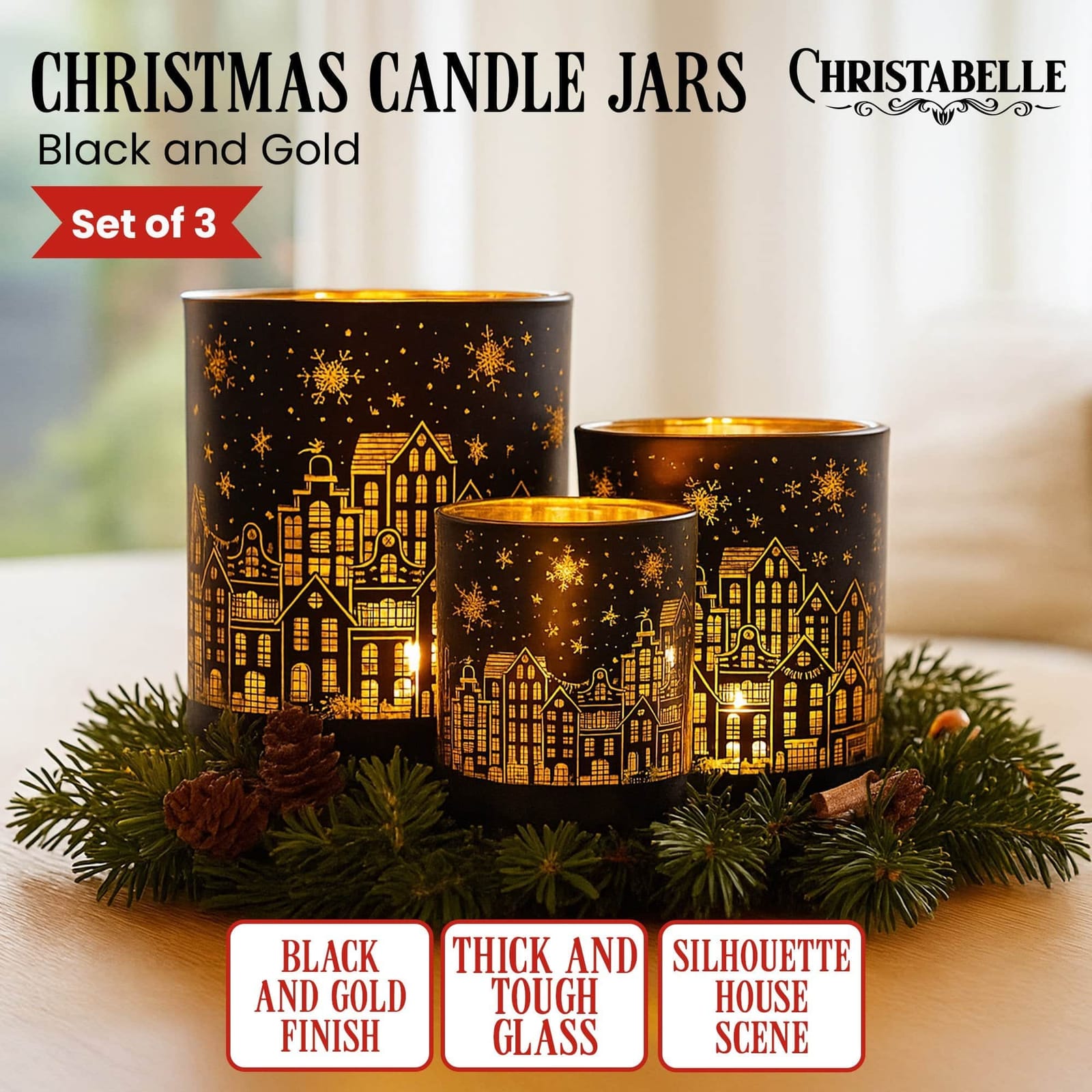 Christmas Candle Jar Set of 3 Black and Gold Holiday Candle Holders, Black colour - photo 7
