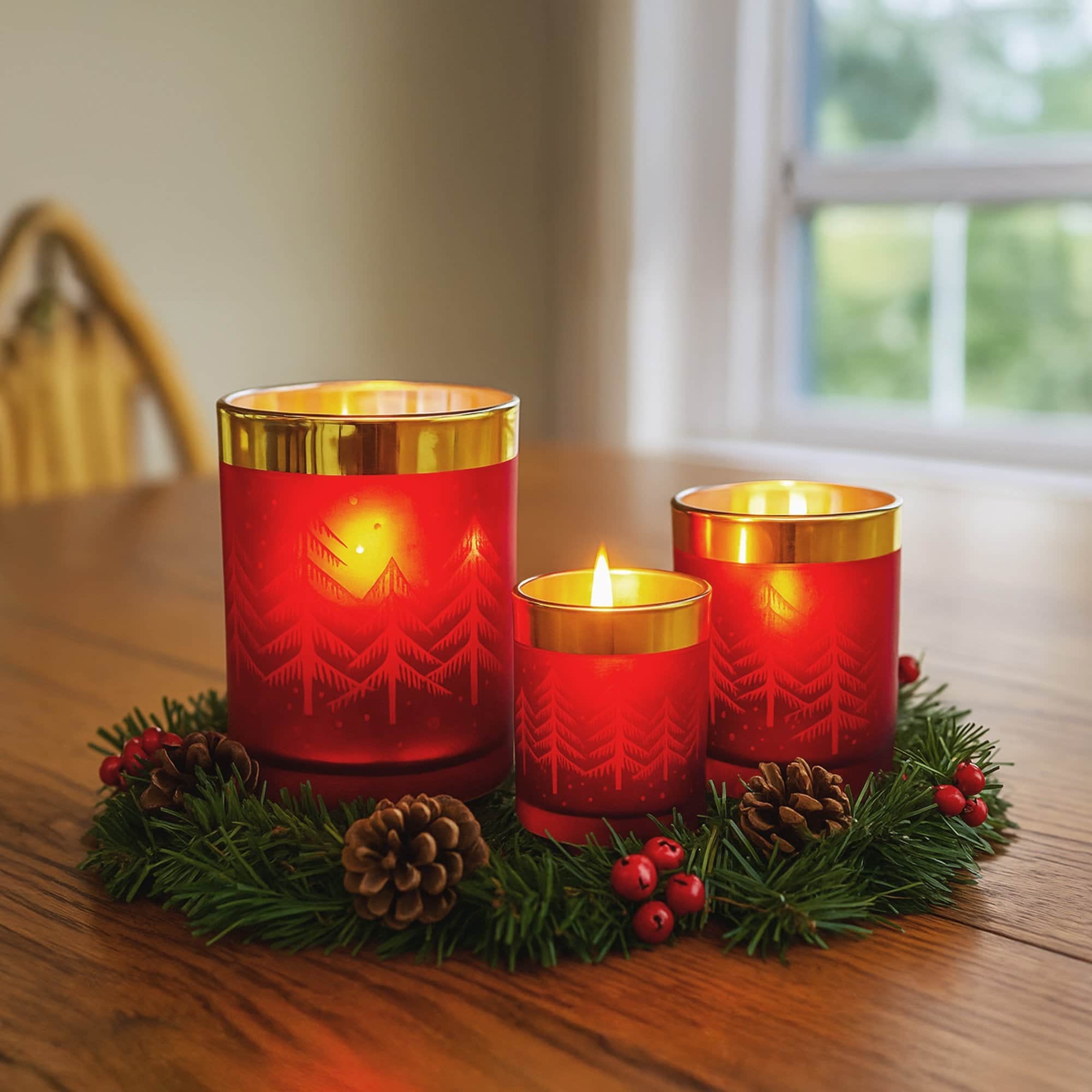 Christmas Candle Jar Set of 3 Red and Gold Holiday Candle Holders | Red colour - photo 6