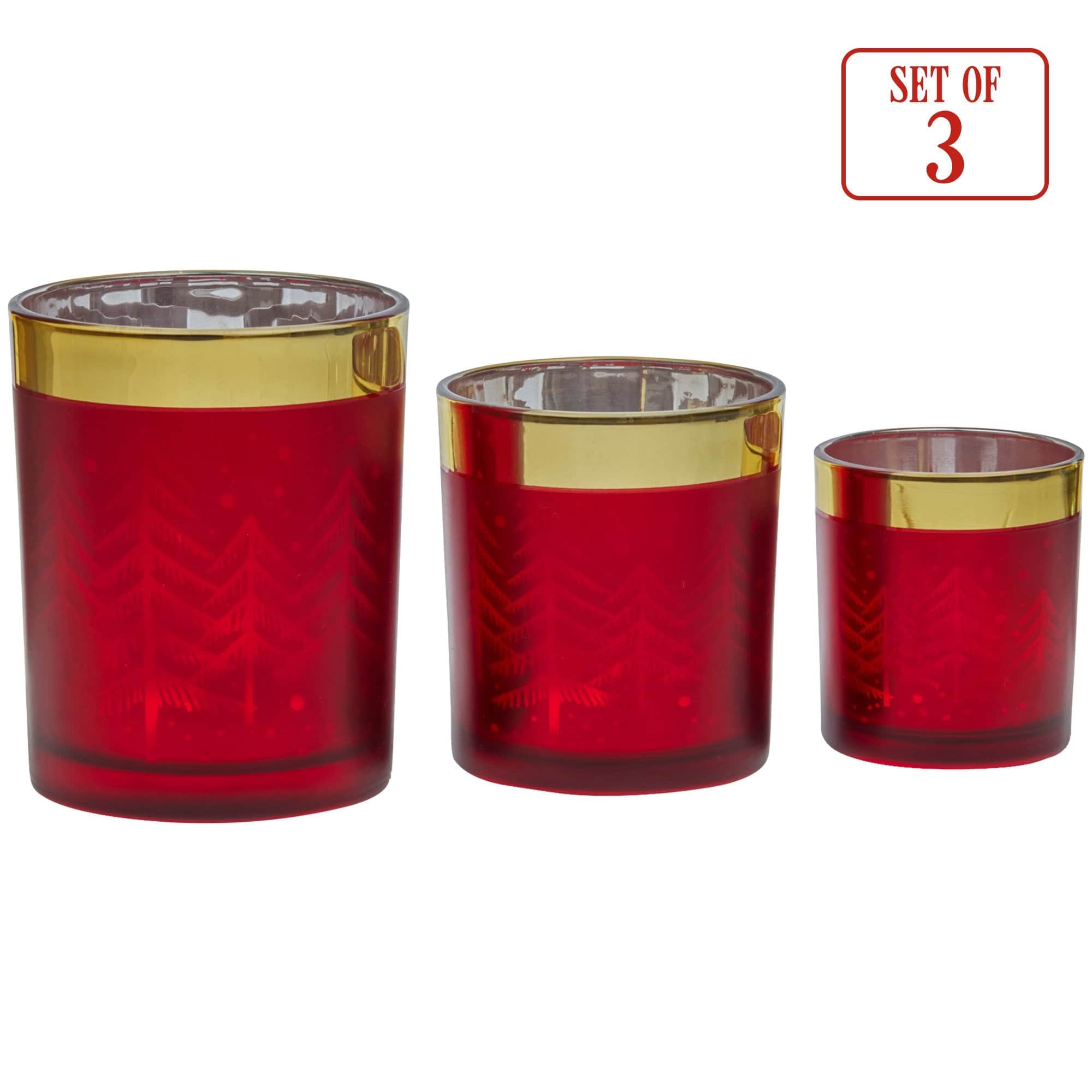 Christmas Candle Jar Set of 3 Red and Gold Holiday Candle Holders, Red colour