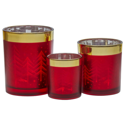 Christmas Candle Jar Set of 3 Red and Gold Holiday Candle Holders
