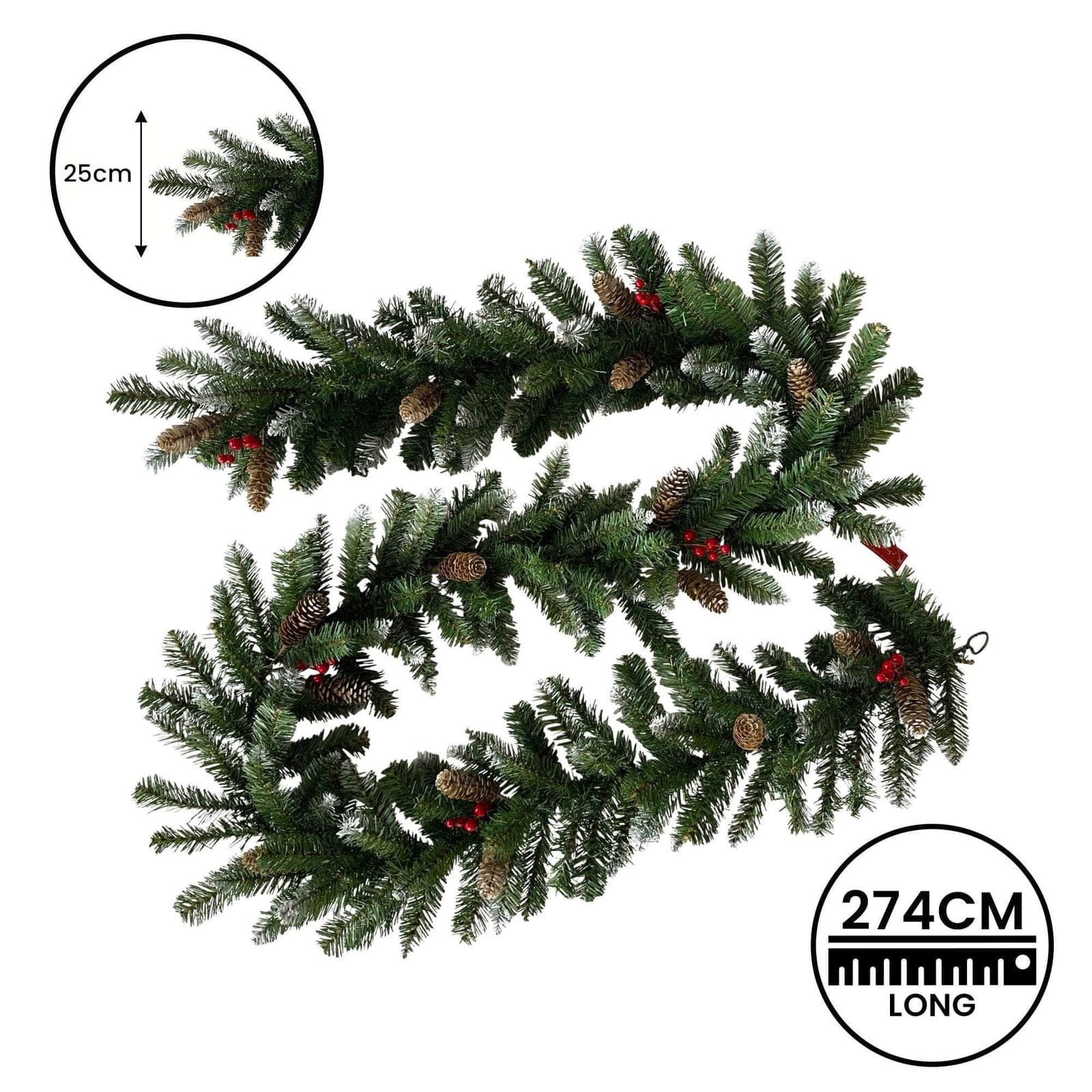 Christmas Garland with Pine Cones & Berries - 274cm, Pine finish