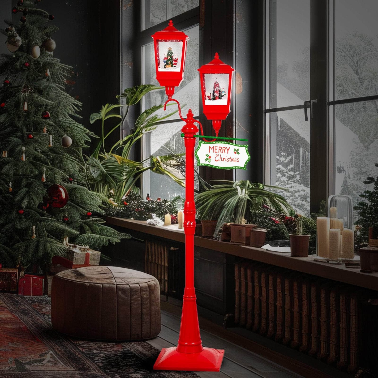 Christmas Lamp Post with Lights Music & Snow - Red 195cm | 195Cm