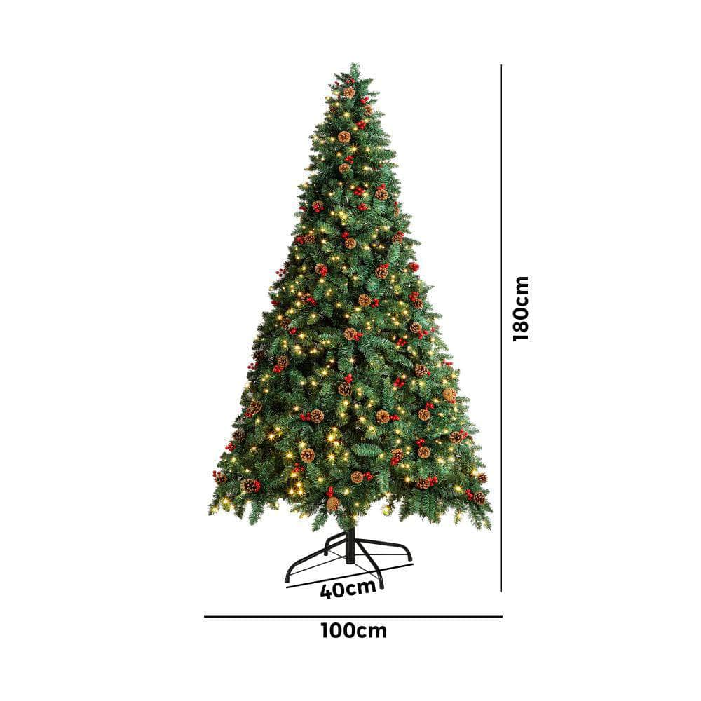 Christmas Tree 1.8M Xmas Decorations Green w/ LED Light and Pine Cones