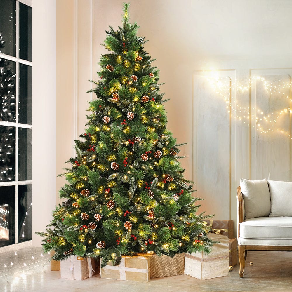 Warm Glow Christmas Tree 2.1M Prelit with LED Warm Light Pine Cones Red Berries | Lights