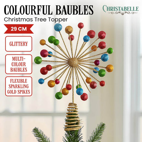 Christmas Tree Topper Glittery Baubles Gold Decoration Multi-Colour Ornaments