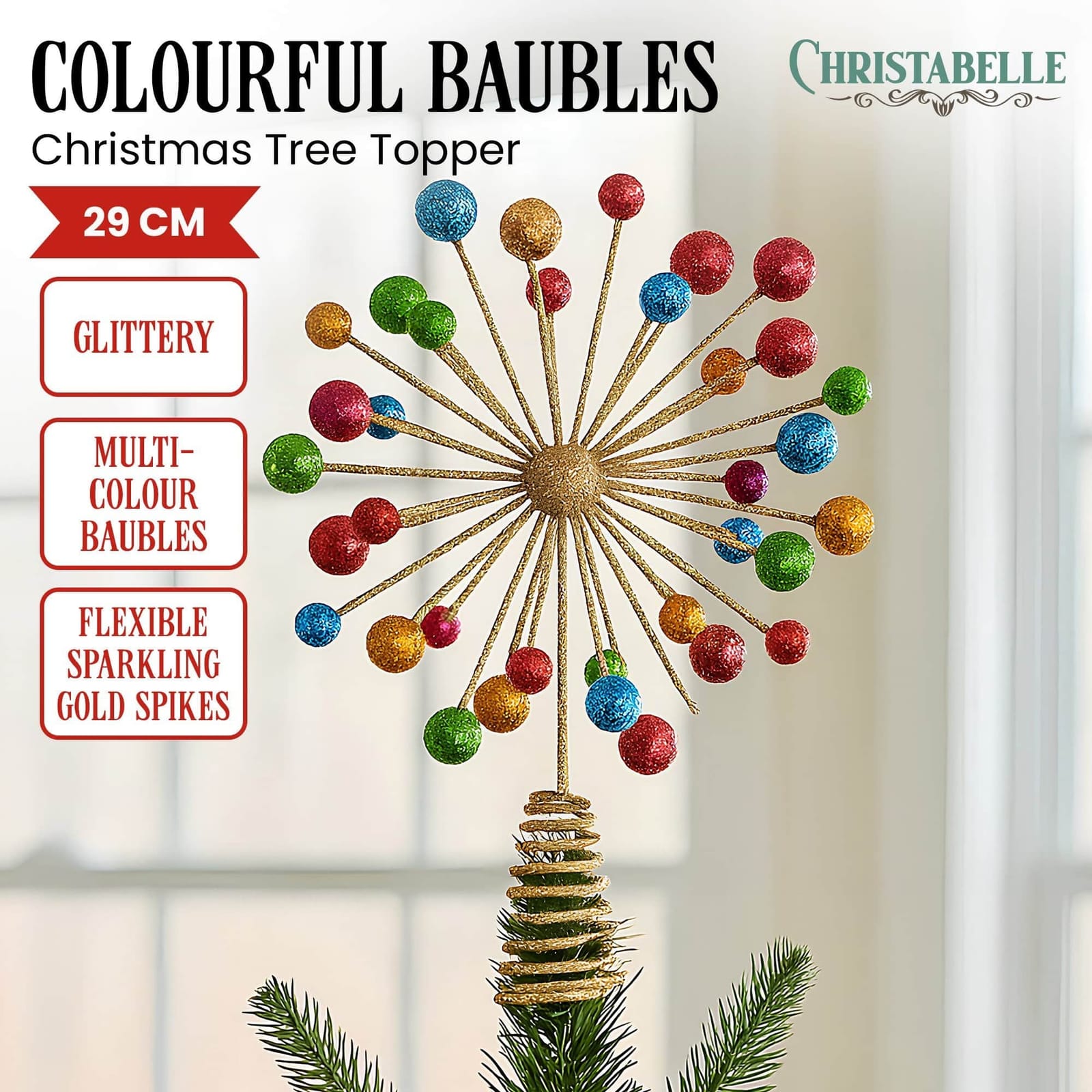 Christmas Tree Topper Glittery Baubles Gold Decoration Multi-Colour Ornaments with Gold colour
