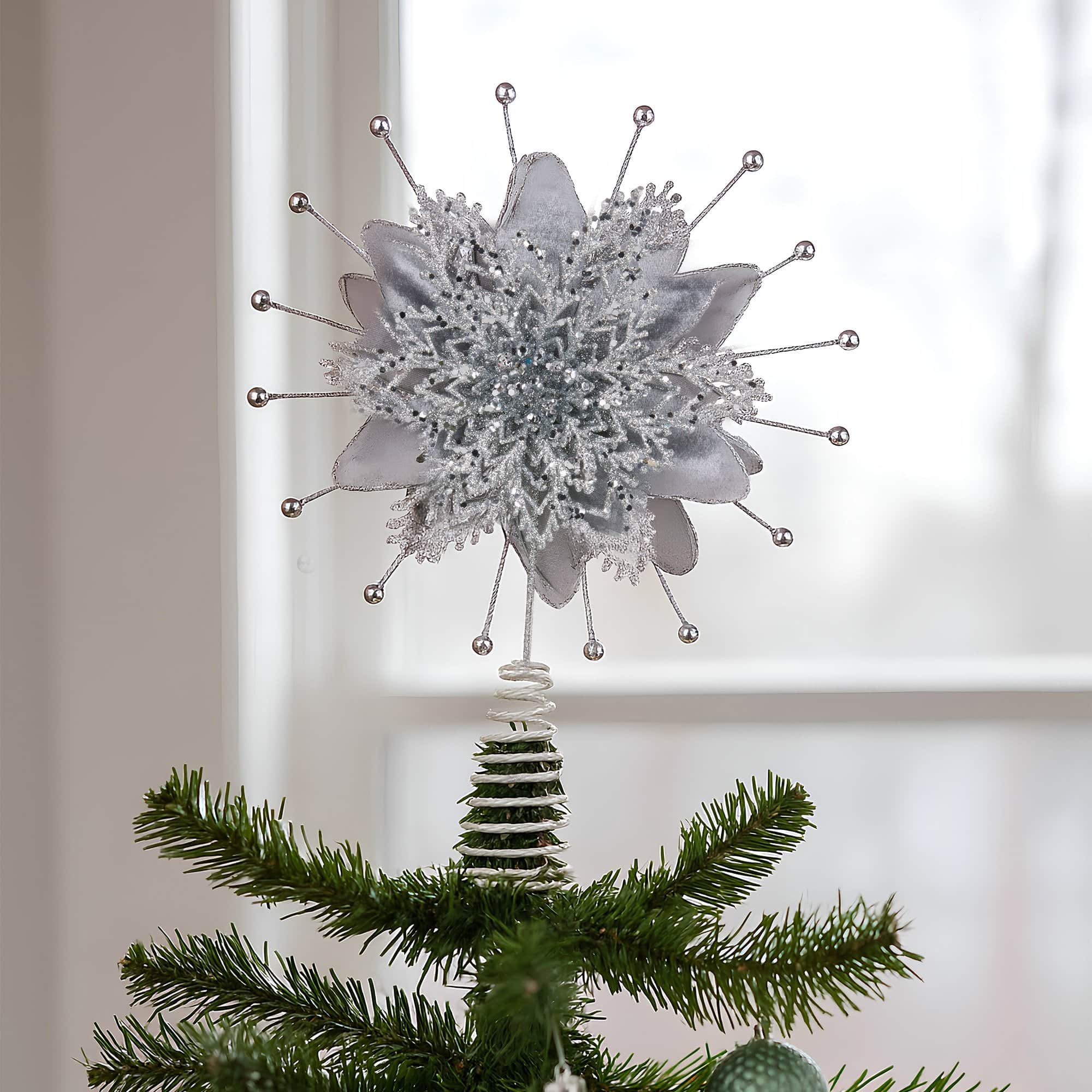 Christmas Tree Topper Poinsettia Decoration Ornament Shimmering Silver Glittered