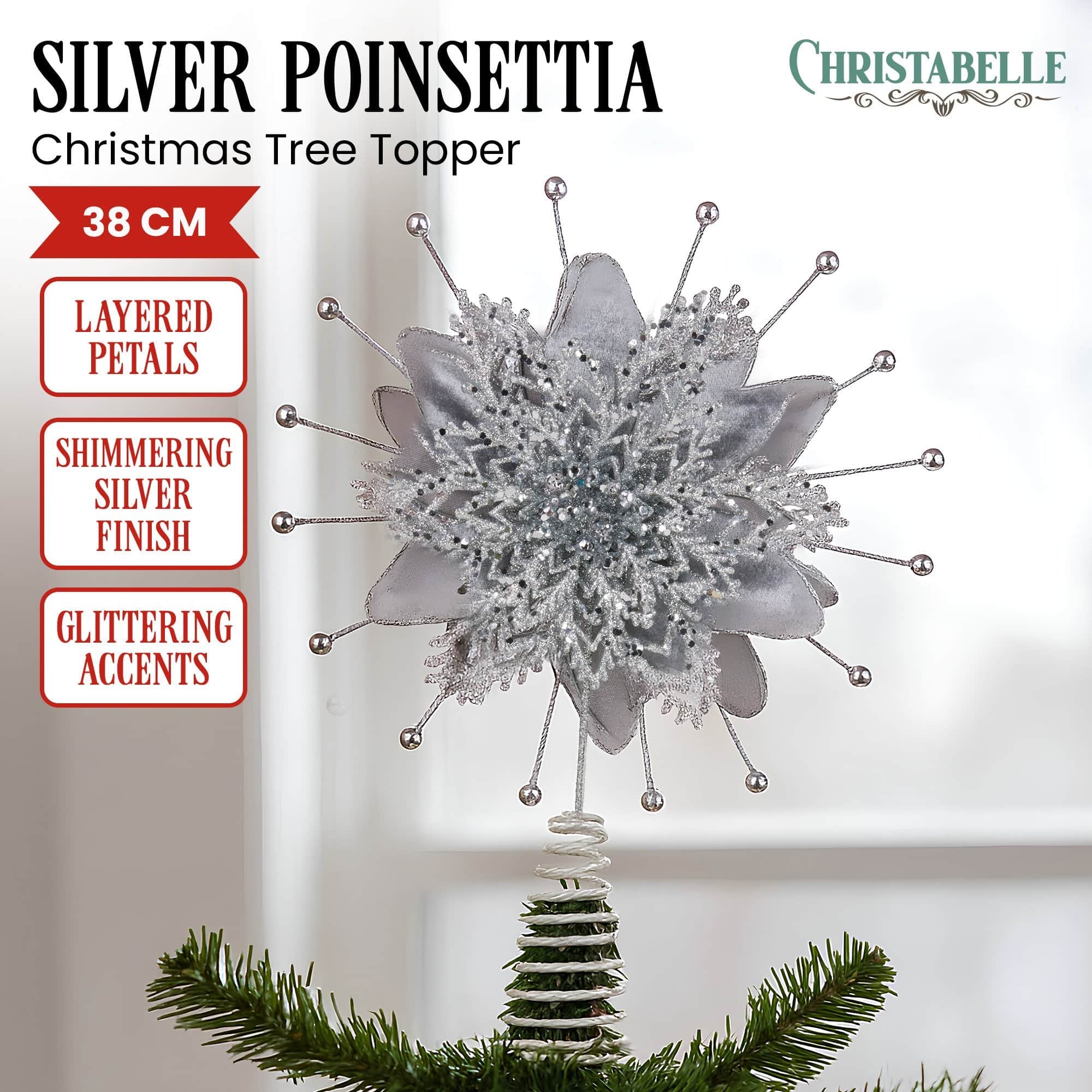Silver colour - Christmas Tree Topper Poinsettia Decoration Ornament Shimmering Silver Glittered