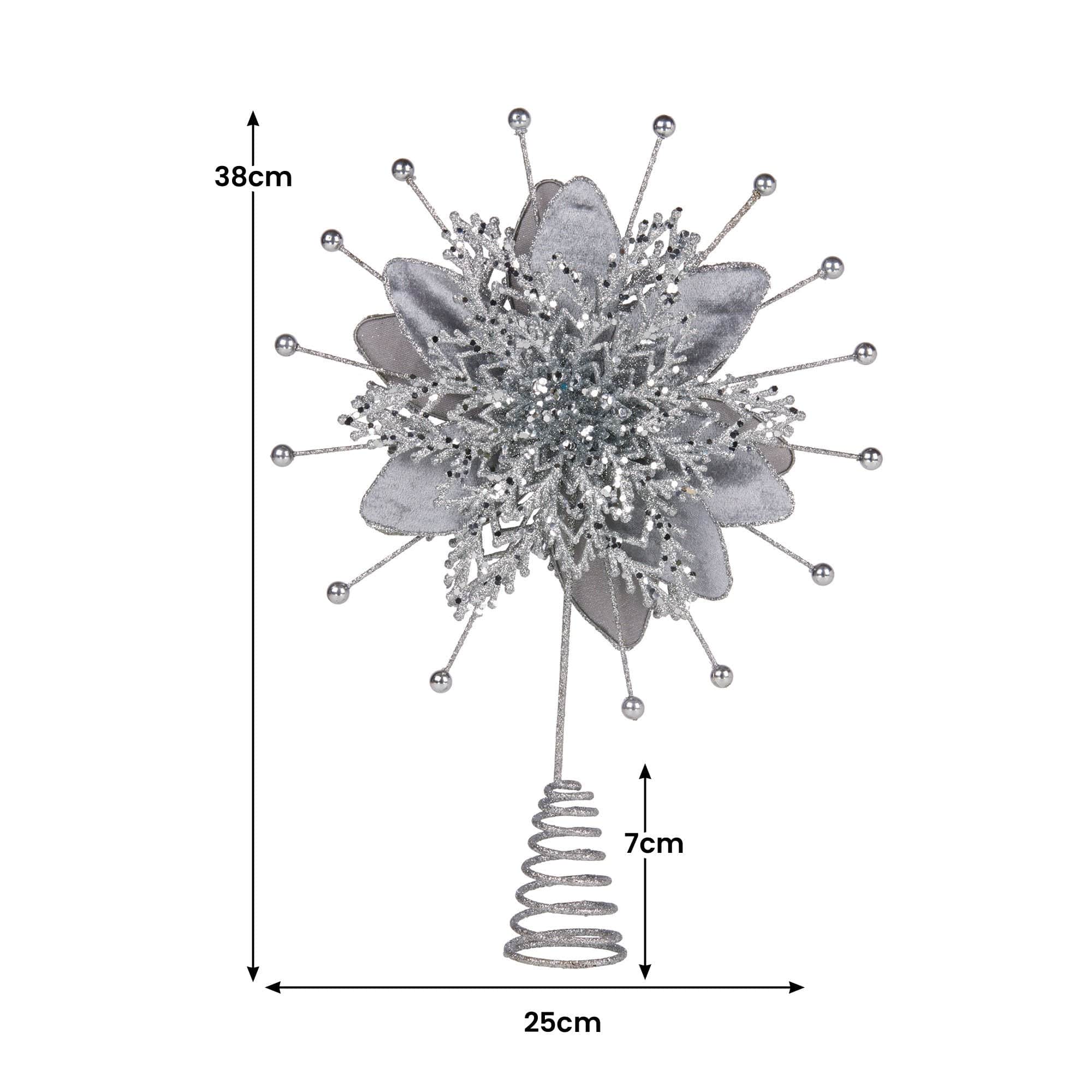 Christmas Tree Topper Poinsettia Decoration Ornament Shimmering Silver Glittered