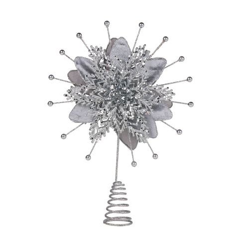 Christmas Tree Topper Poinsettia Decoration Ornament Shimmering Silver Glittered