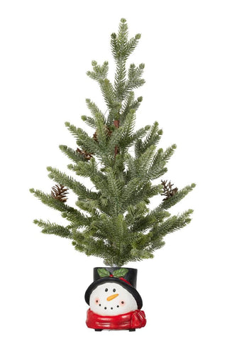 Christmas Tree with Lights in Snowman Pot - 55cm