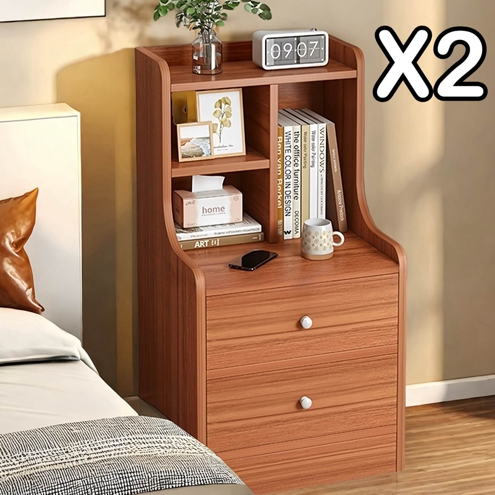 Classic Nightstand Multi-Compartment Storage Reddish-Brown Wood Grain 70cm