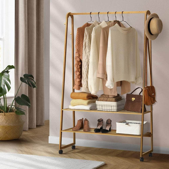 Clothes Rack Bamboo Hanging Rail Portable Wheels | Bamboo finish