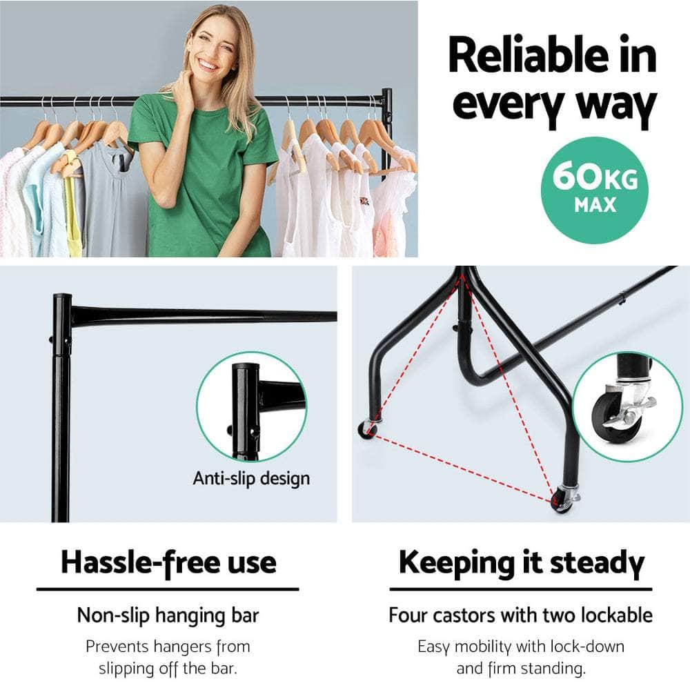 Clothes Rack Coat Stand 6Ft Rail Wheels