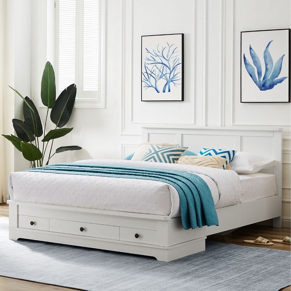 Coastal-Inspired White Bedframe with Double Storage Drawers