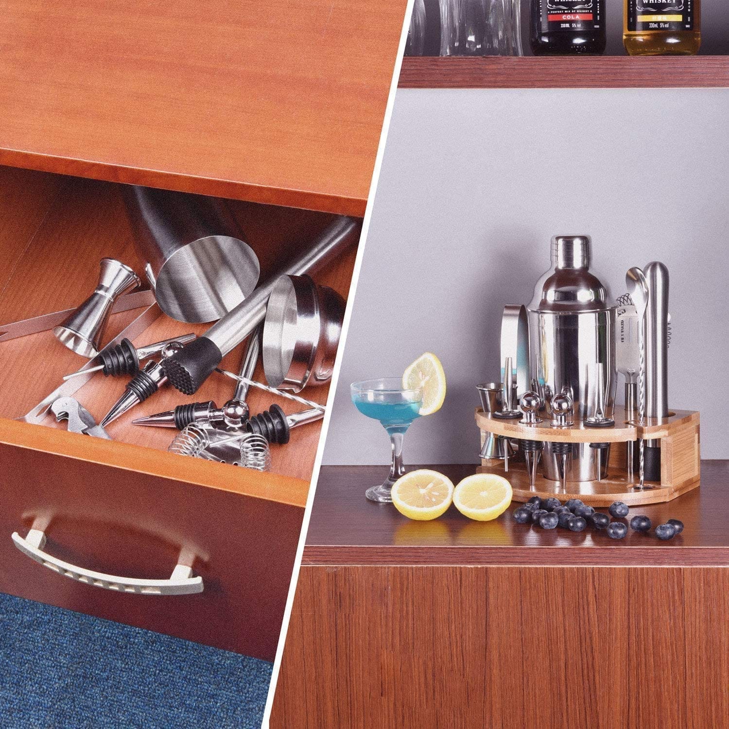 Bamboo finish - Cocktail Shaker Set Bartender Kit with Bamboo frame and 12 Pieces Stainless Steel Bar Tool Set
