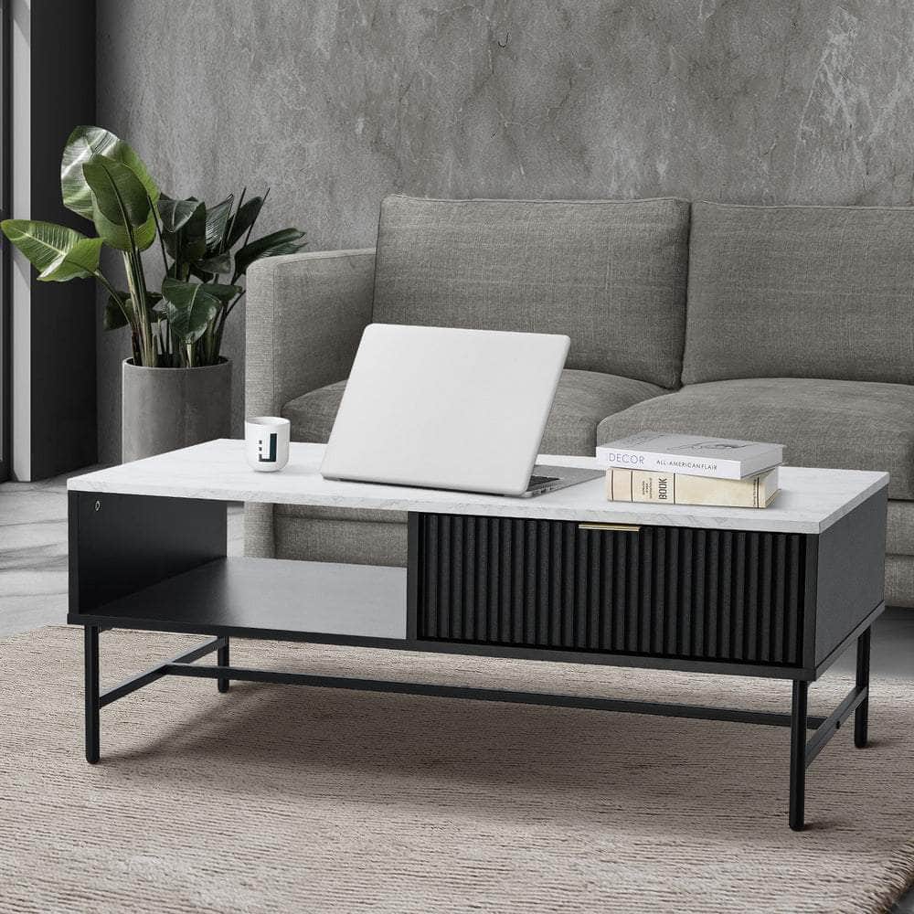 Coffee Table 1 Drawer Sofa End Table Open Shelf Black & White