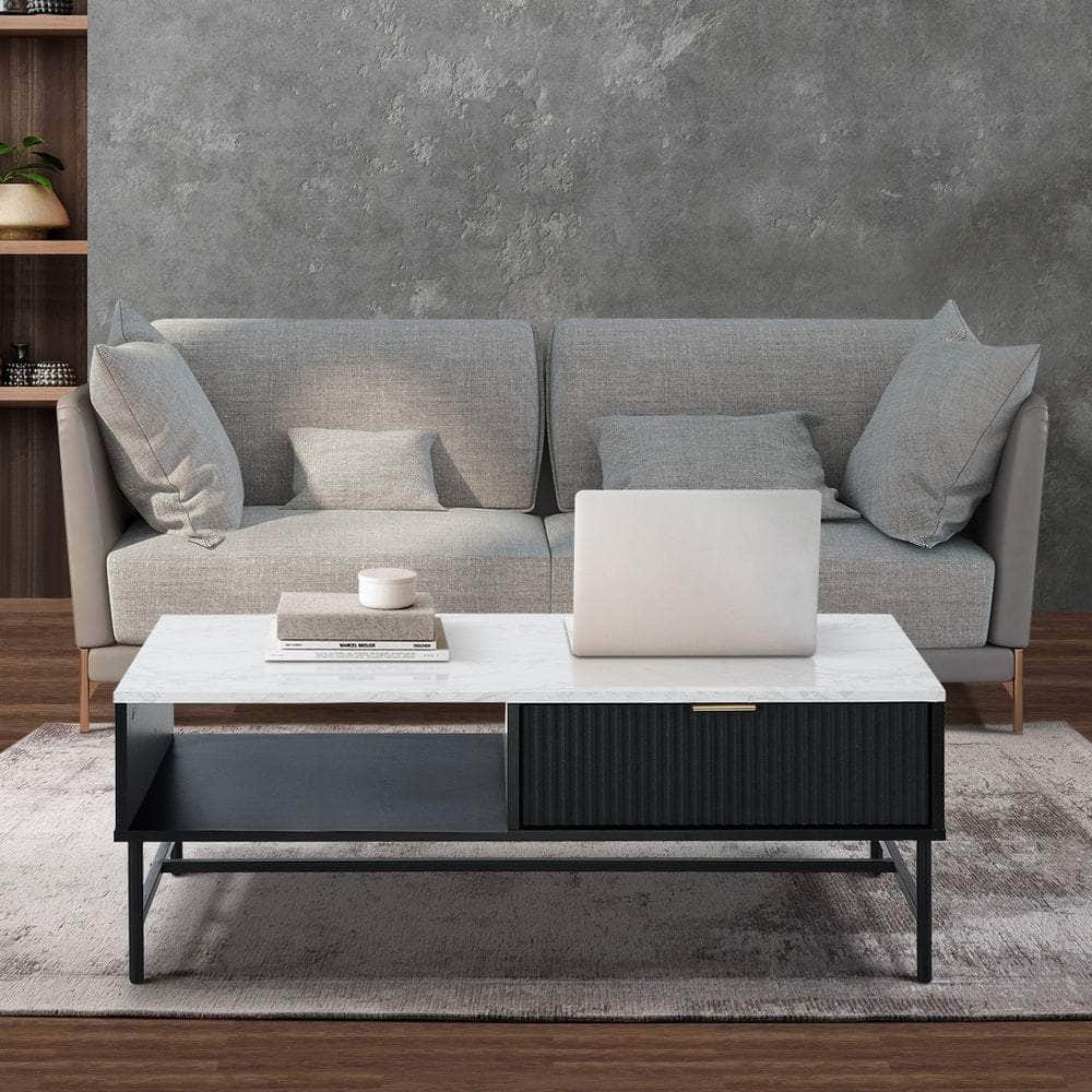 Coffee Table 1 Drawer Sofa End Table Open Shelf Black & White