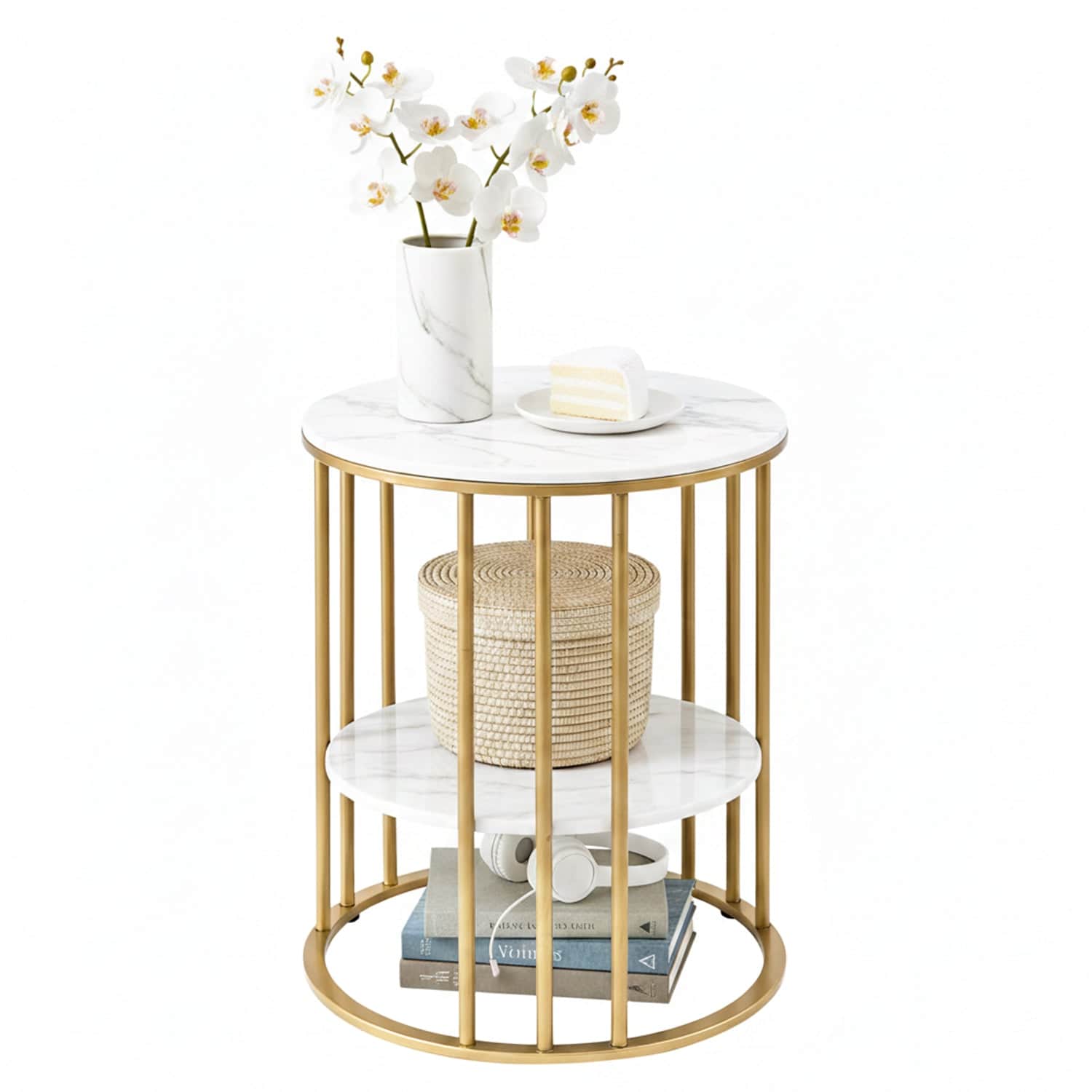 Coffee Table 2-Tier Round Marble Effect White&Gold