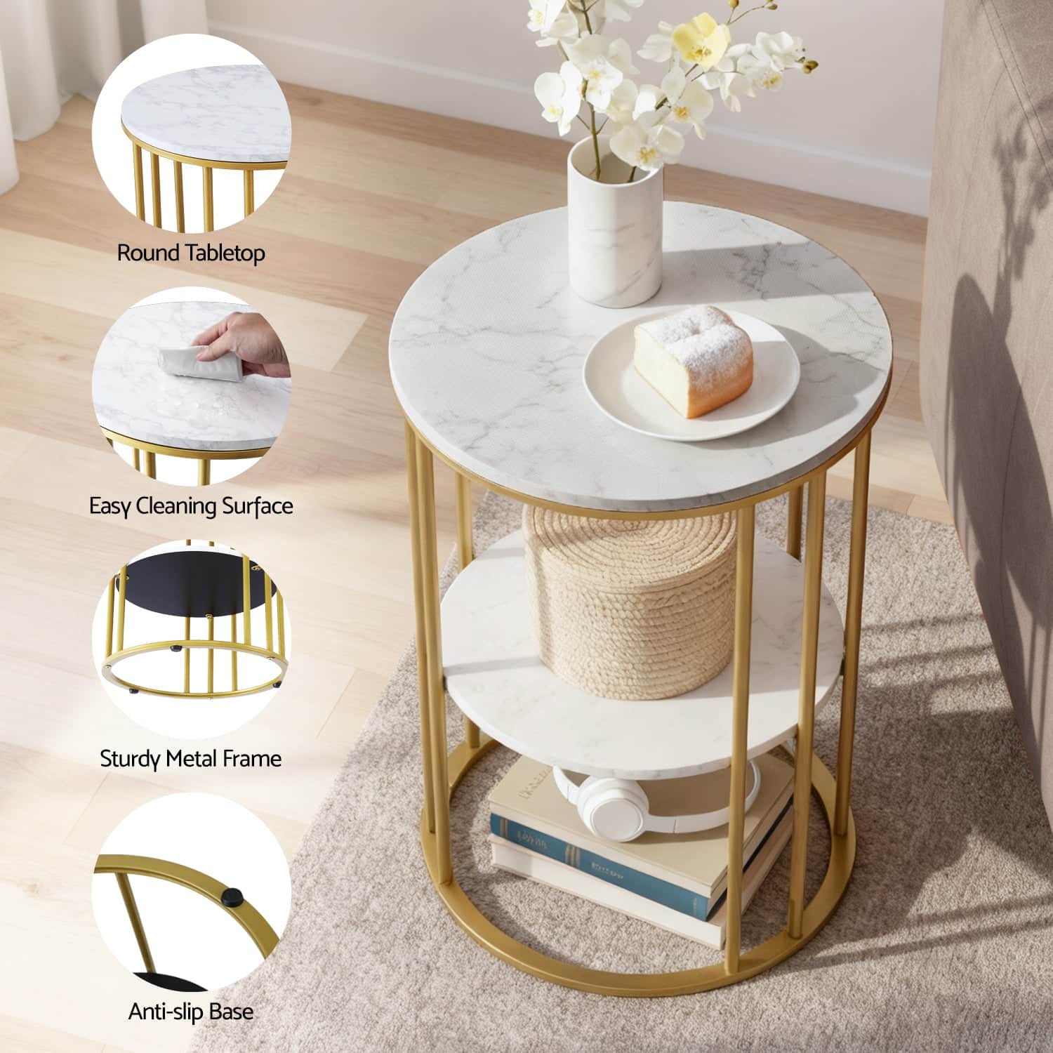 Coffee Table 2-Tier Round Marble Effect White&Gold