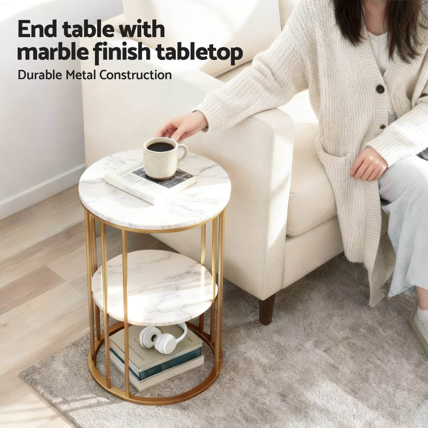 Coffee Table 2-Tier Round Marble Effect White&Gold
