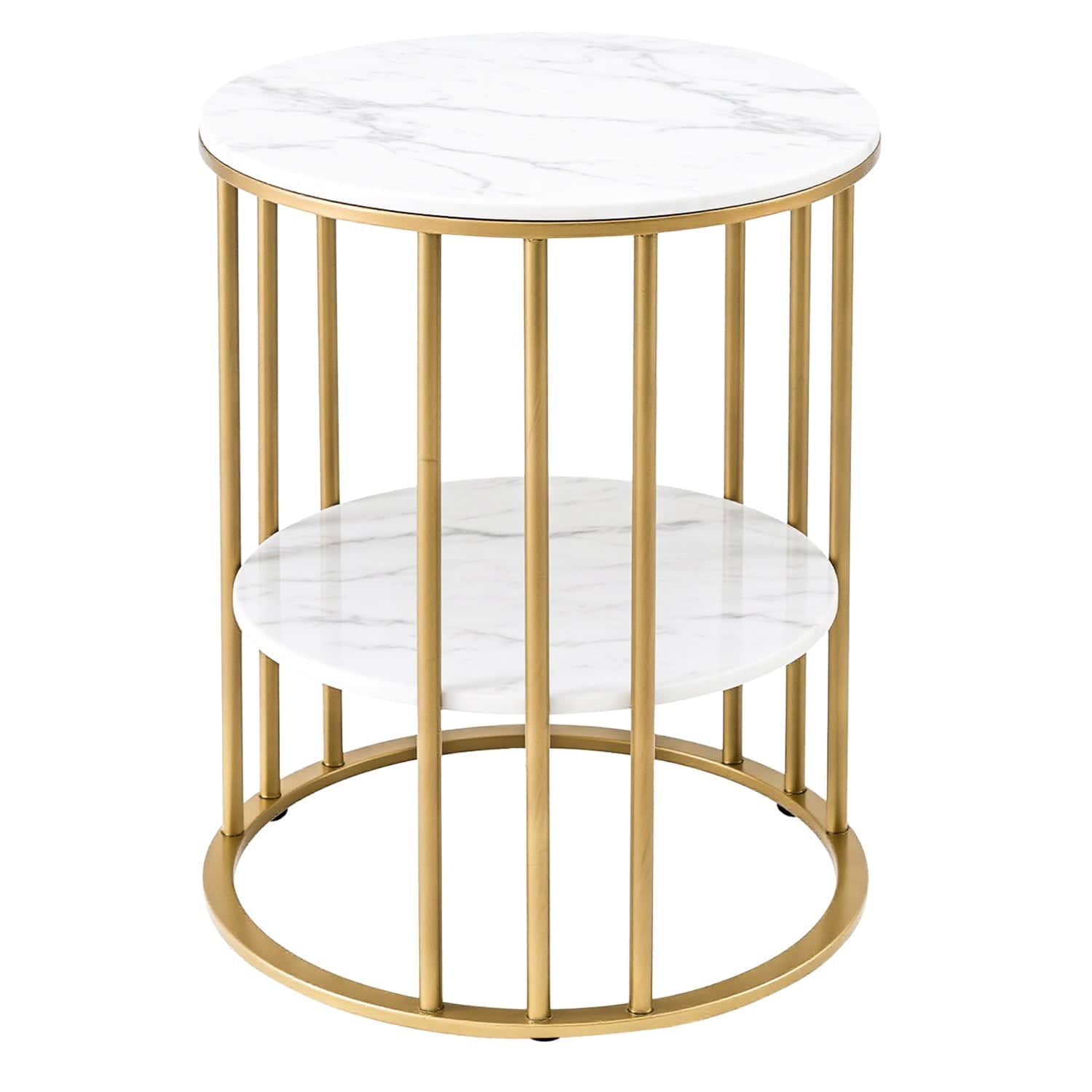 Coffee Table 2-Tier Round Marble Effect White&Gold