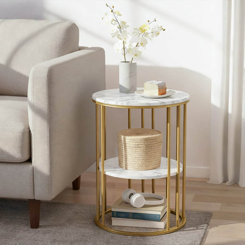 Coffee Table 2-Tier Round Marble Effect White&Gold