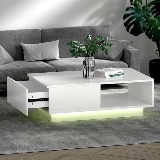 Coffee Table LED Lights High Gloss Storage Drawer Modern