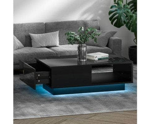 Coffee Table LED Lights High Gloss Storage Drawer Modern Furniture White/Black