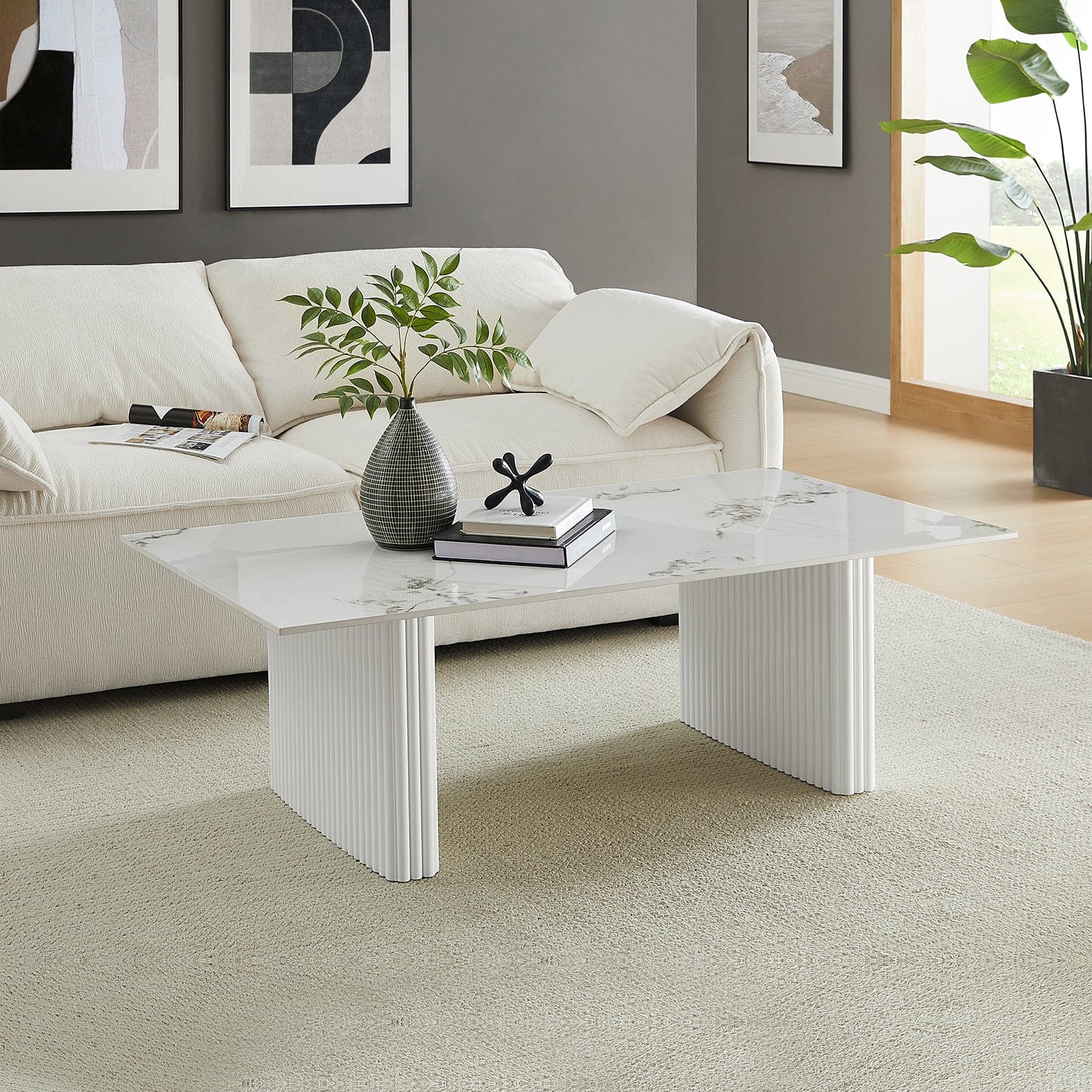 Coffee Table Sintered Stone Top Mdf Table Base Glossy White, White colour